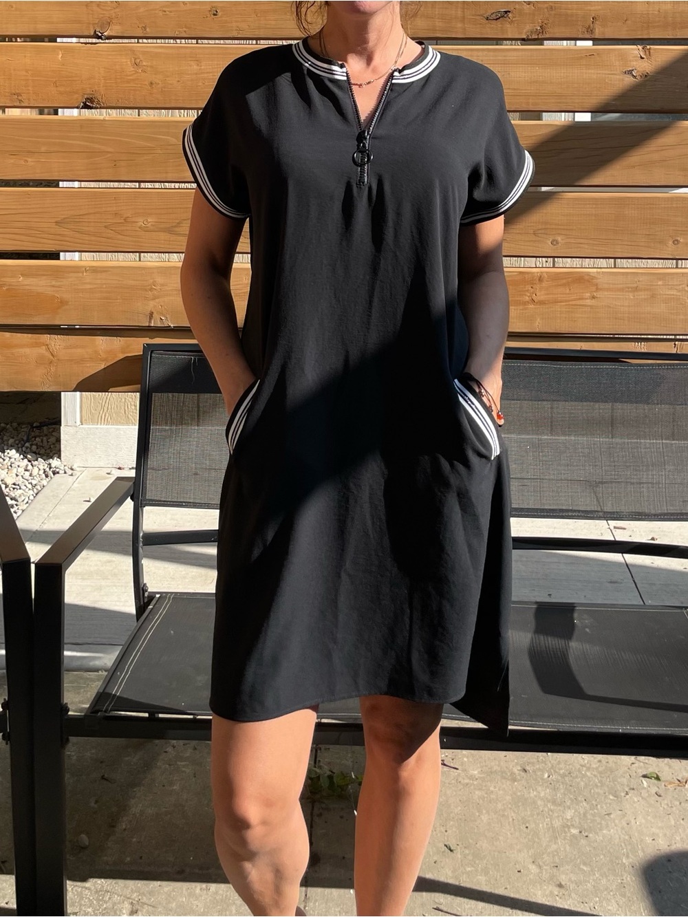Joseph Ribkoff Black Midi Dress with White and Silver Stripe Trim